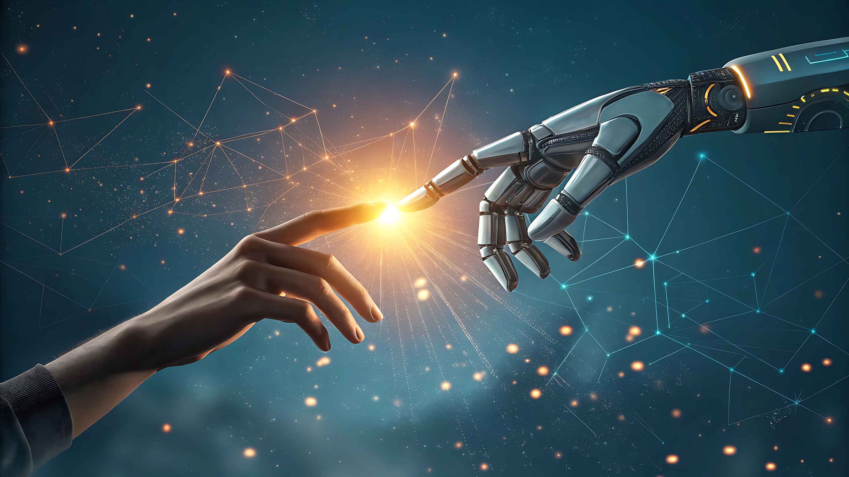 Image d'une main humaine touchant les doigts d'un robot