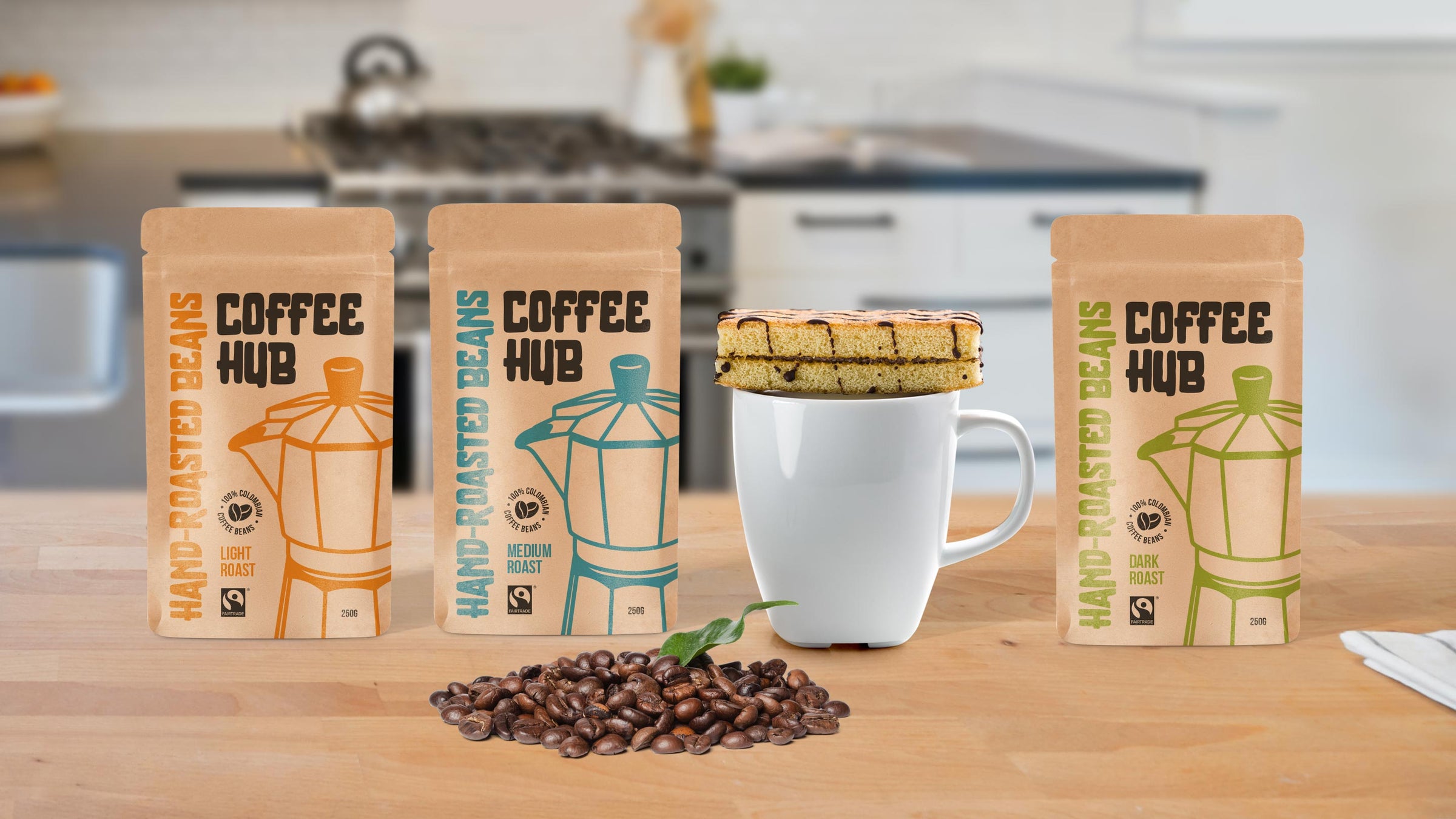 Three customised coffee pouches on table with prints.