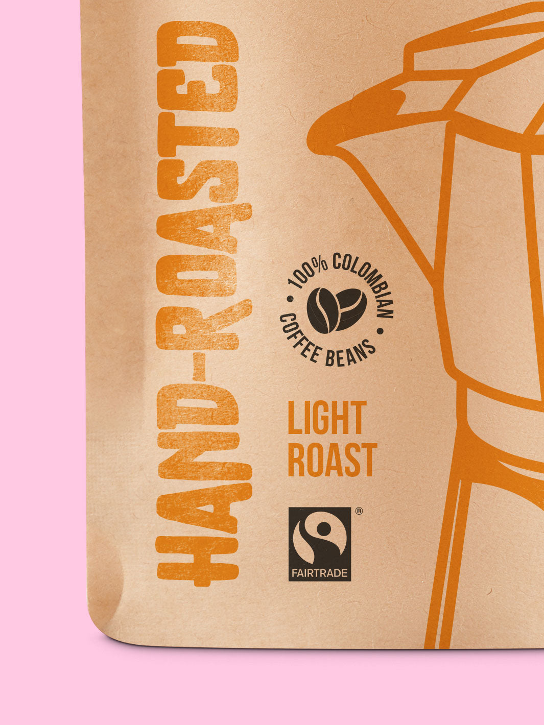Emballage en sachet de café imprimé sur fond rose.