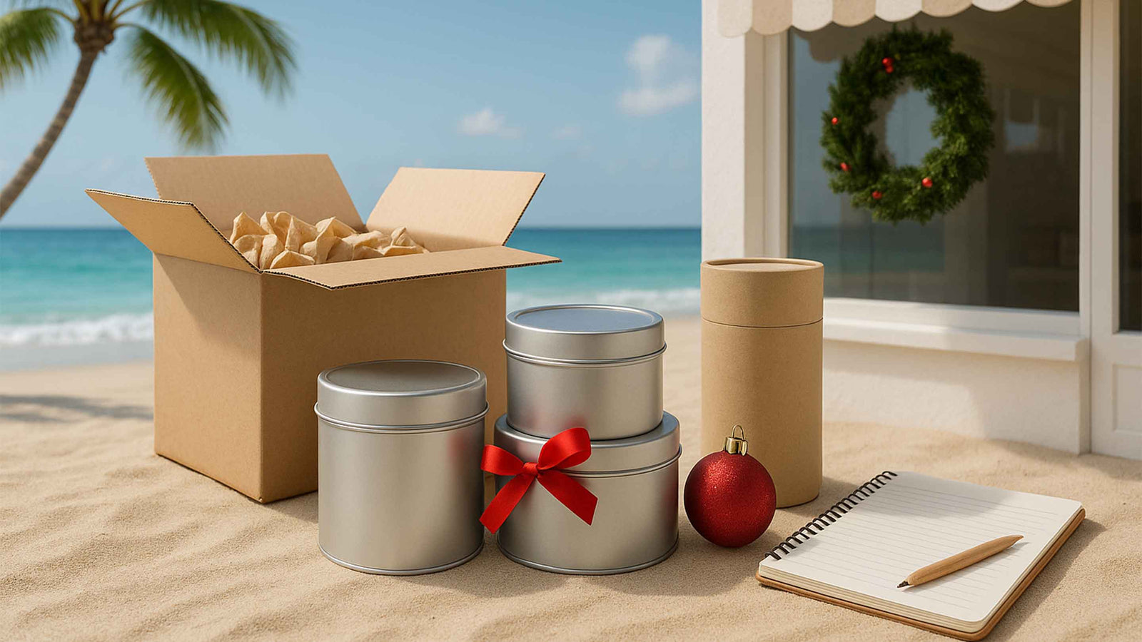 Emballage sur une plage avec décorations de Noël