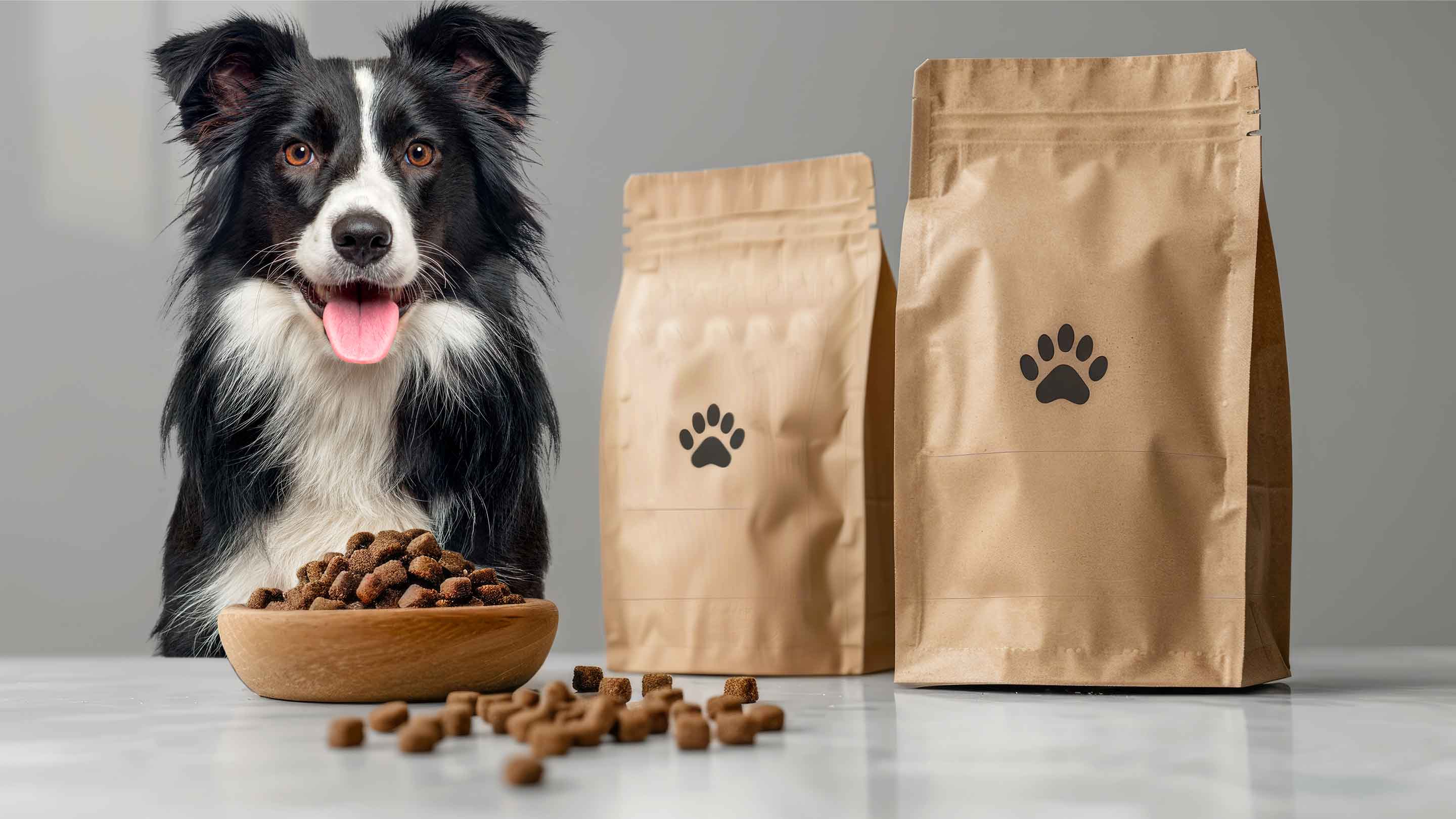 chien avec aliments pour animaux de compagnie et emballages d'aliments pour animaux de compagnie
