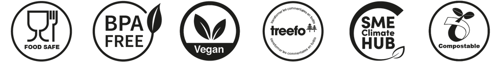 Icônes indiquant les certifications : contact alimentaire, sans BPA, vegan, reforestation Treefo, engagement climatique SME Climate Hub et compostable.