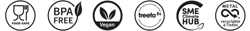Icônes montrant les certifications : contact alimentaire, sans BPA, vegan, reforestation Treefo, SME Climate Hub et métal recyclable à l’infini.