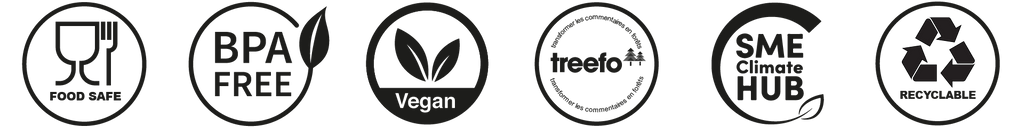 Icônes indiquant les certifications : contact alimentaire, sans BPA, vegan, programme de reforestation Treefo, engagement SME Climate Hub et matériau recyclable.