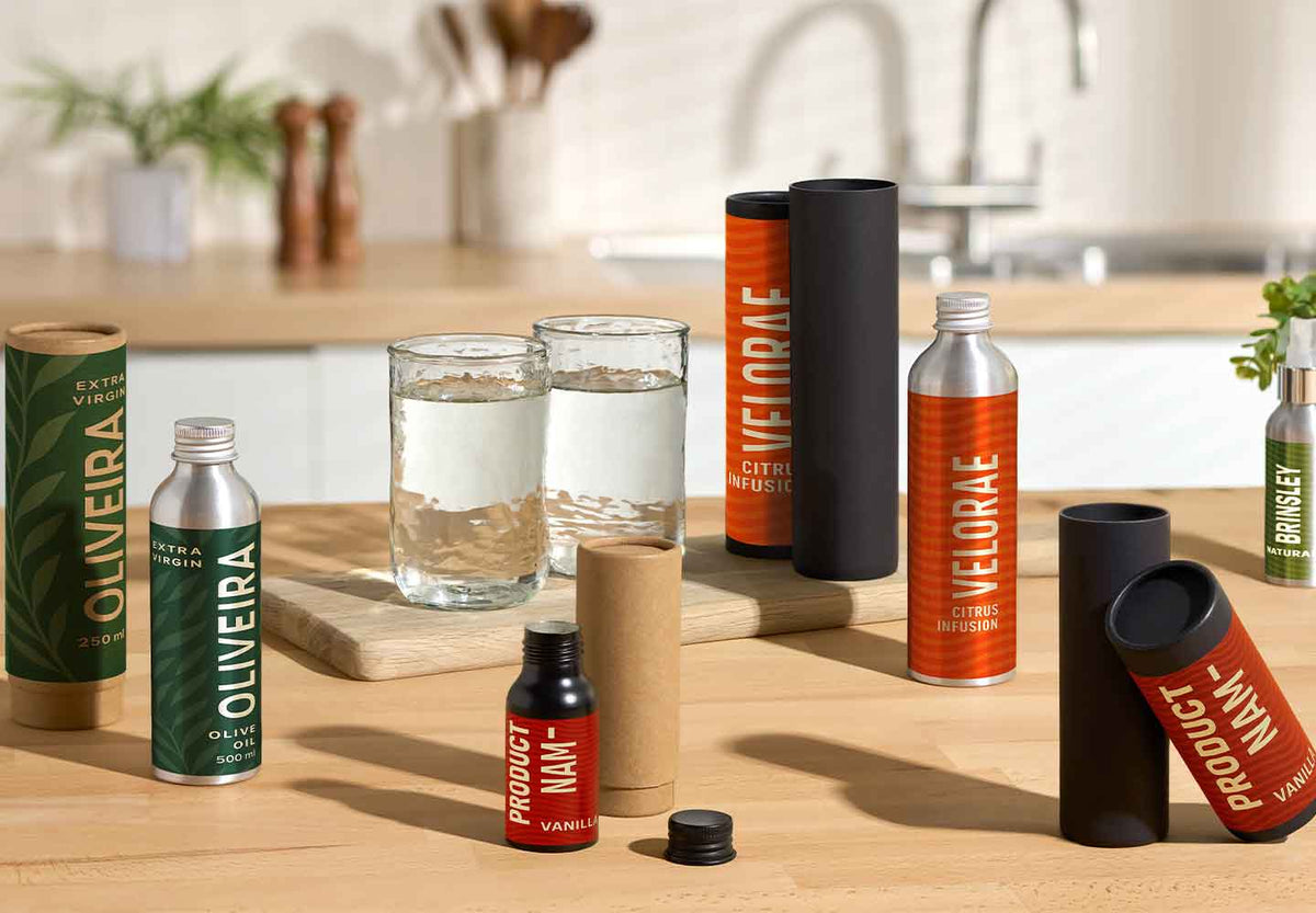 Boîtes télescopiques avec bouteilles en aluminium dans une cuisine. 
