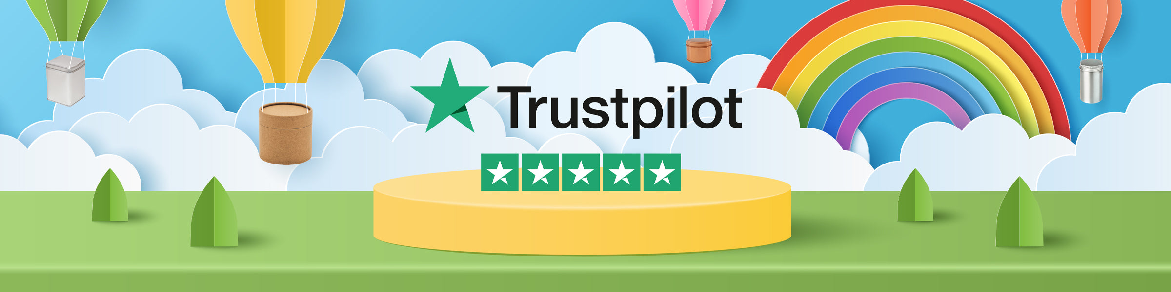 Cinq étoiles sur Trustpilot entouré de boîtes et de tubes en carton livrés par une montgolfière.