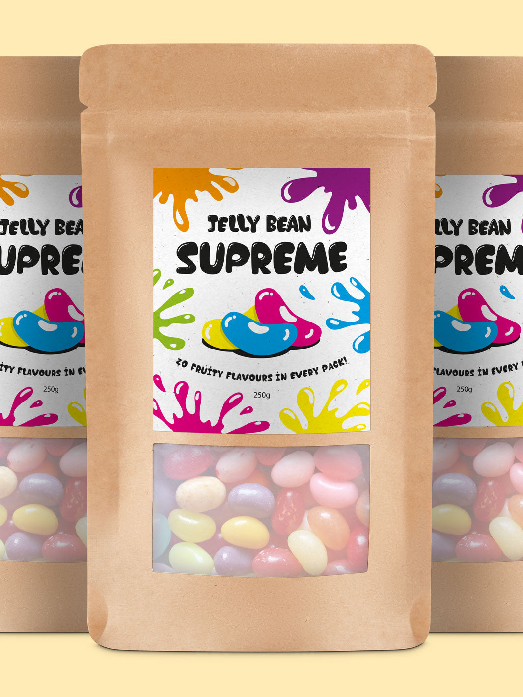 Pochette Jelly Bean avec étiquette et fenêtre présentant le produit.