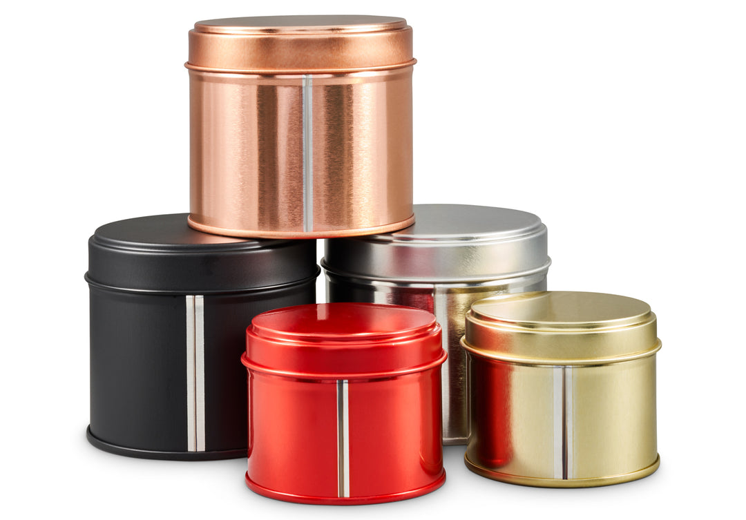 Boîte métallique ronde à soudure latérale dorée, rouge, argentée, doré rose ou noire