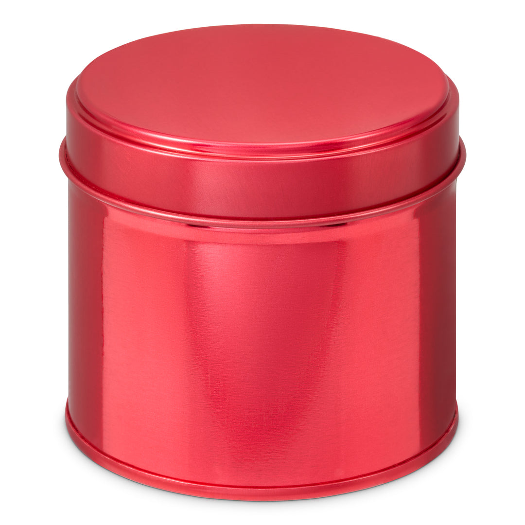 Boîte métallique ronde à soudure latérale rouge.