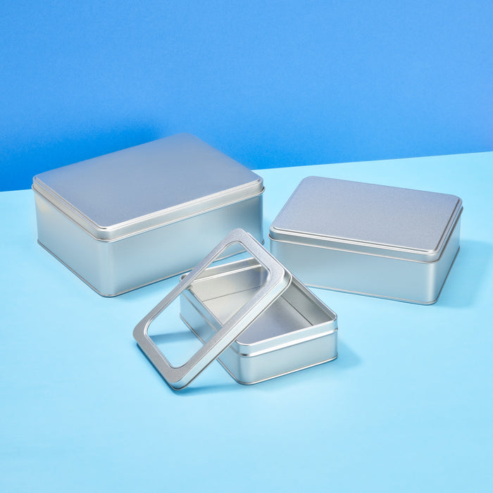 Grande boîte métallique rectangulaire argentée avec couvercle plein ou transparent étagé
